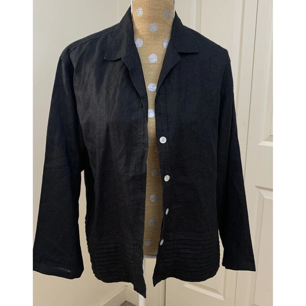Sweet Jessie Womens  Linen Shacket Button Jacket Black Blazer Lagenlook Large